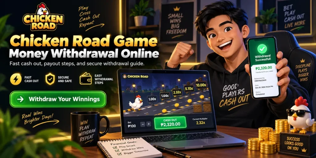 Chicken Road Withdrawal with Filipino player, gameplay screen, and successful payout