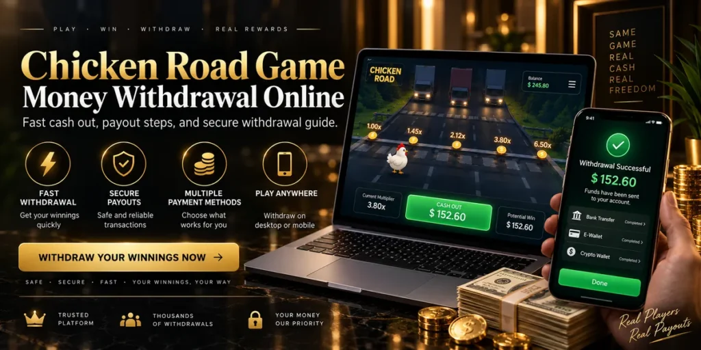 Chicken Road Withdrawal banner with gameplay, cash-out screen, and payout options