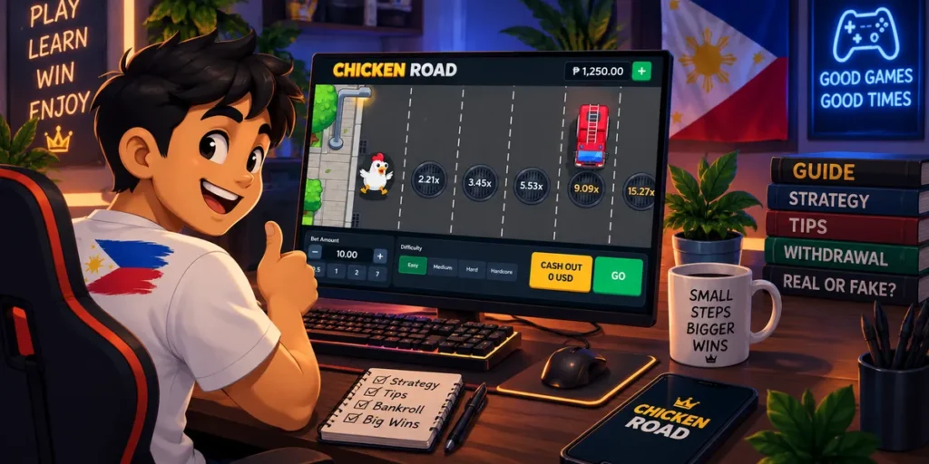 Chicken Road guide with Filipino player, gameplay screen, strategy tips, and betting controls