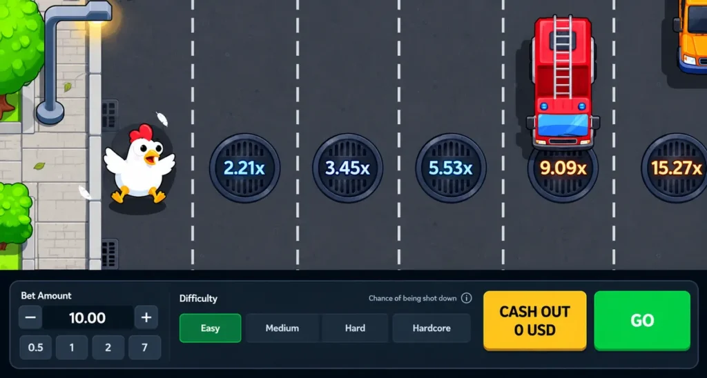 Chicken Road guide gameplay screen with multipliers and difficulty levels
