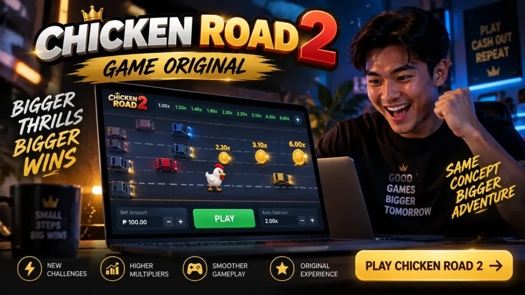 Chicken Road 2 Game Original banner with gameplay, multipliers, and player